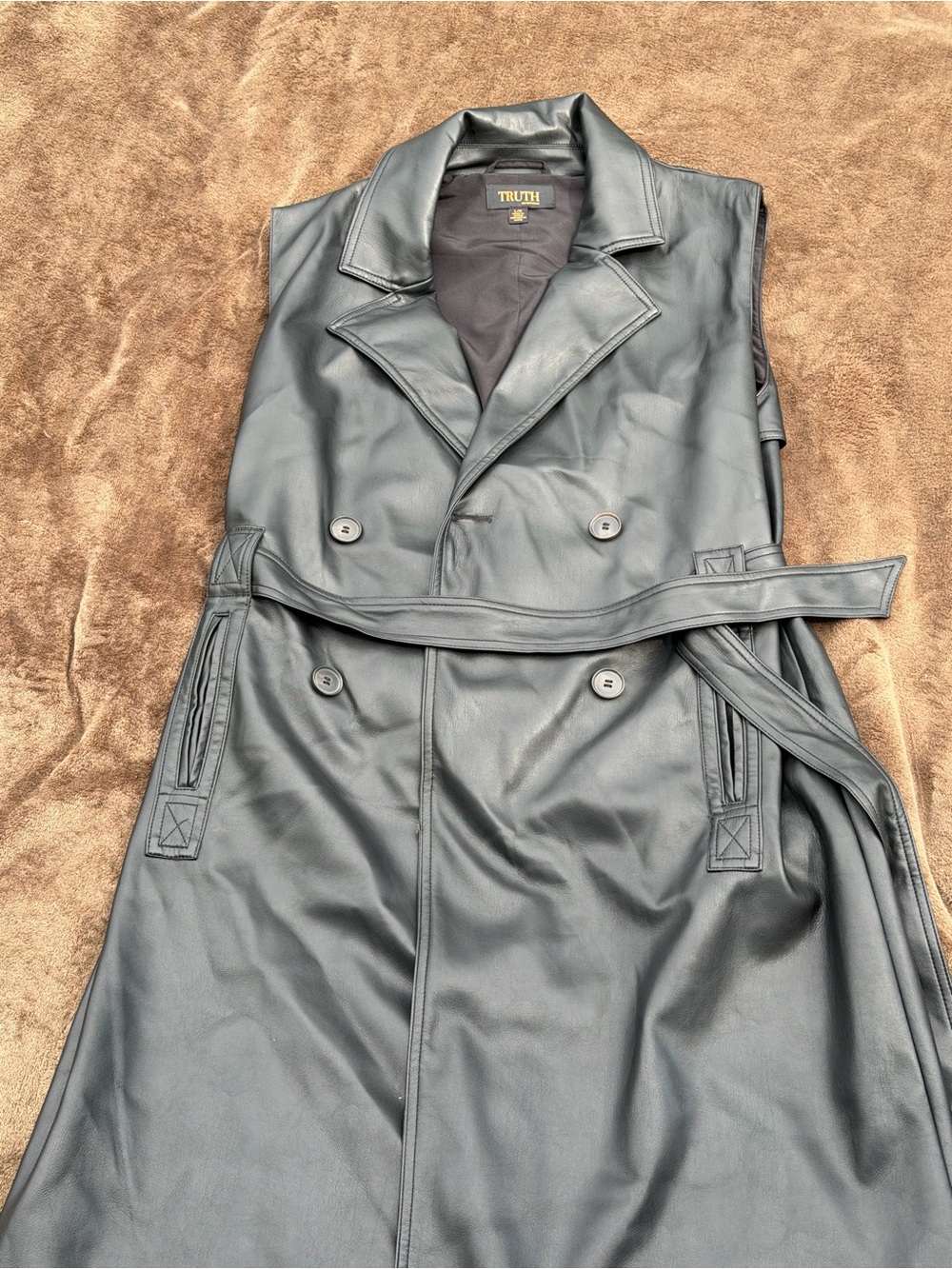 TRUTH Black Faux Leather Double-Breasted Trench Vest with Belt